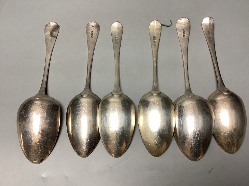 Twelve assorted George III silver Old English pattern tablespoons, including a set of five by Peter & Ann Bateman, London, 1796